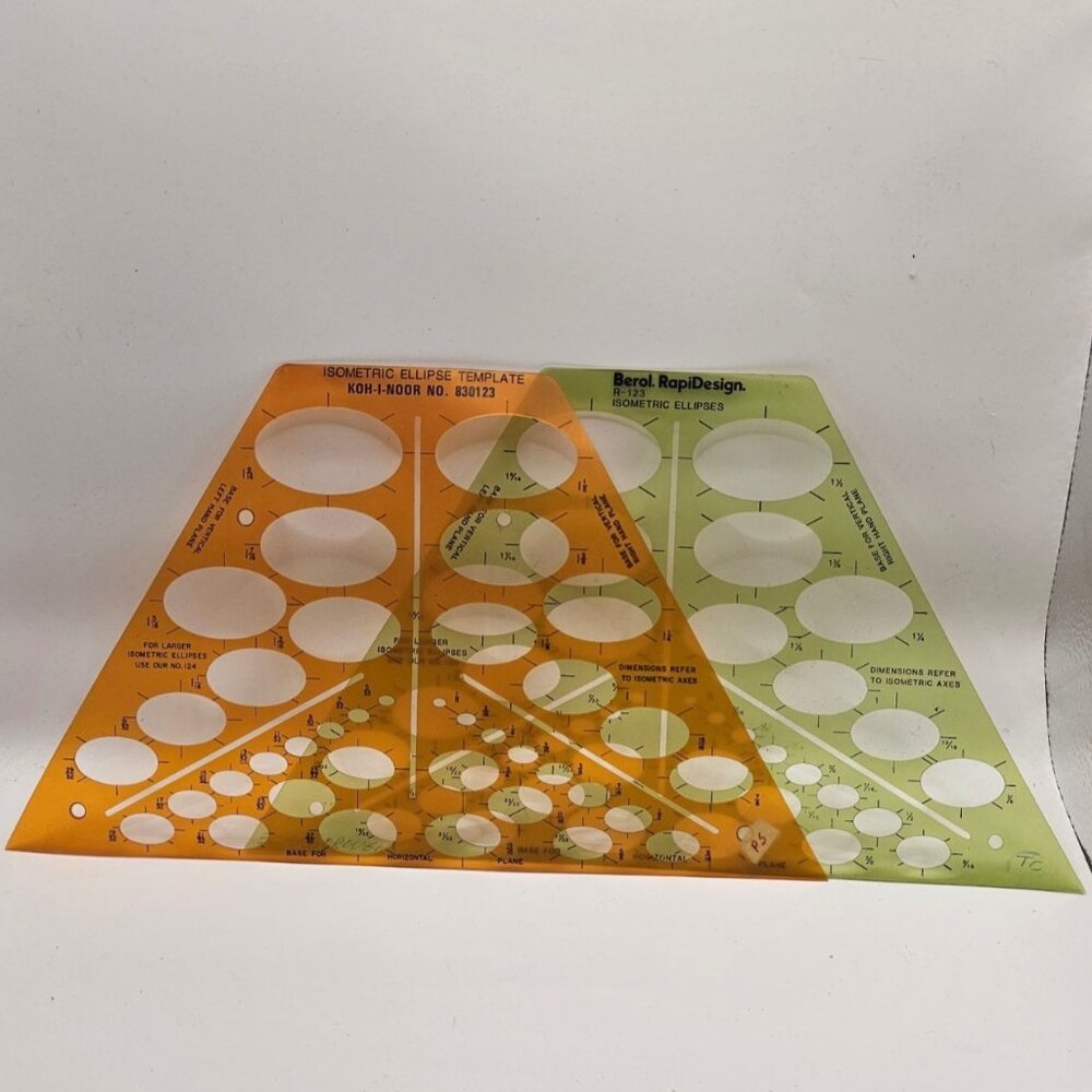 Berol Rapidesign Isometric Ellipse Templates KD14-100R No. 60312 Green & Orange